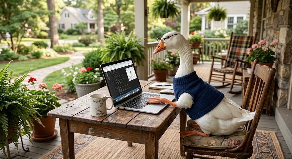 A goose sitting on a porch using a laptop computer